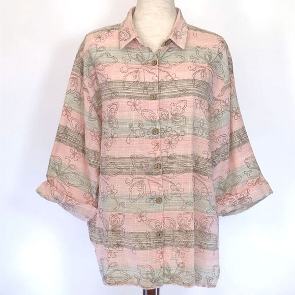 Dress Barn 1X Button-Up Shirt Pink Green Brown - Picture 1 of 8